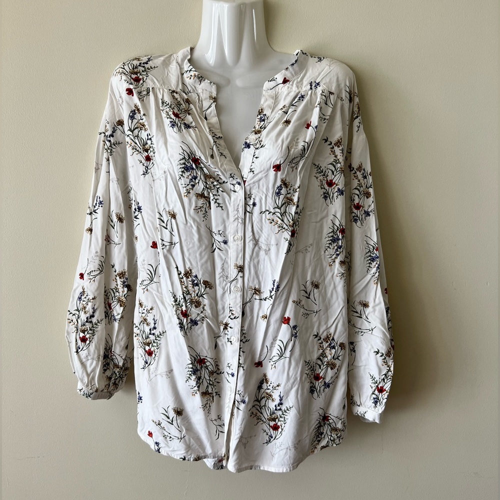 Global Works button down blouse floral womens L